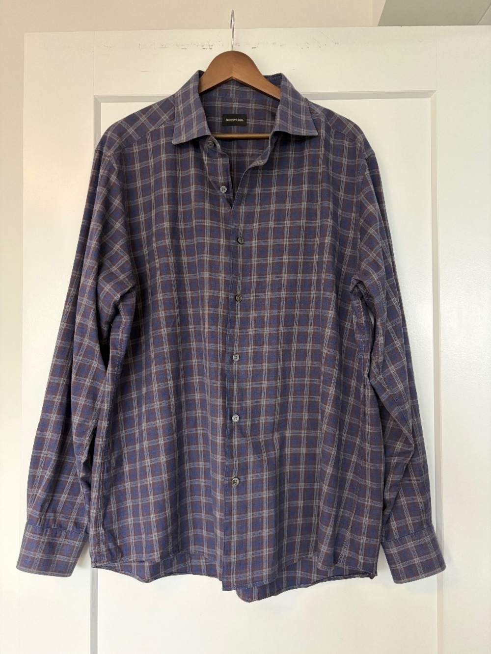 Ermenegildo Zegna Dress Shirt Size XL Blue Brown Plaid 100% Cotton — Like New